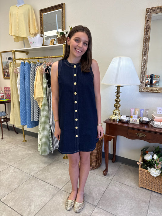 Button stretch denim mini dress