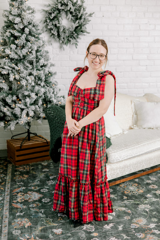 Christmas plaid midi dress front view on model