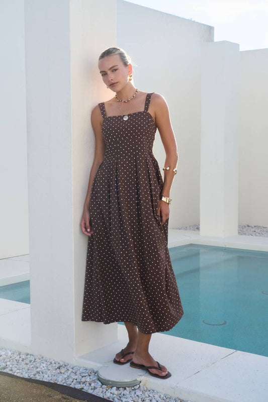 Brown Polka Dot Square Neck Midi Dress