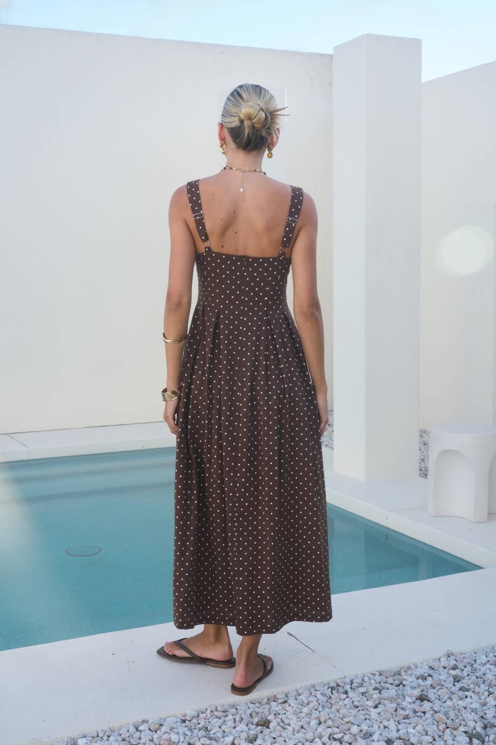 Brown Polka Dot Square Neck Midi Dress