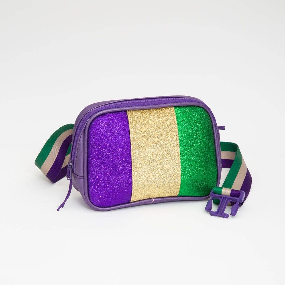 Colorful glittery bag with a strap on a white background