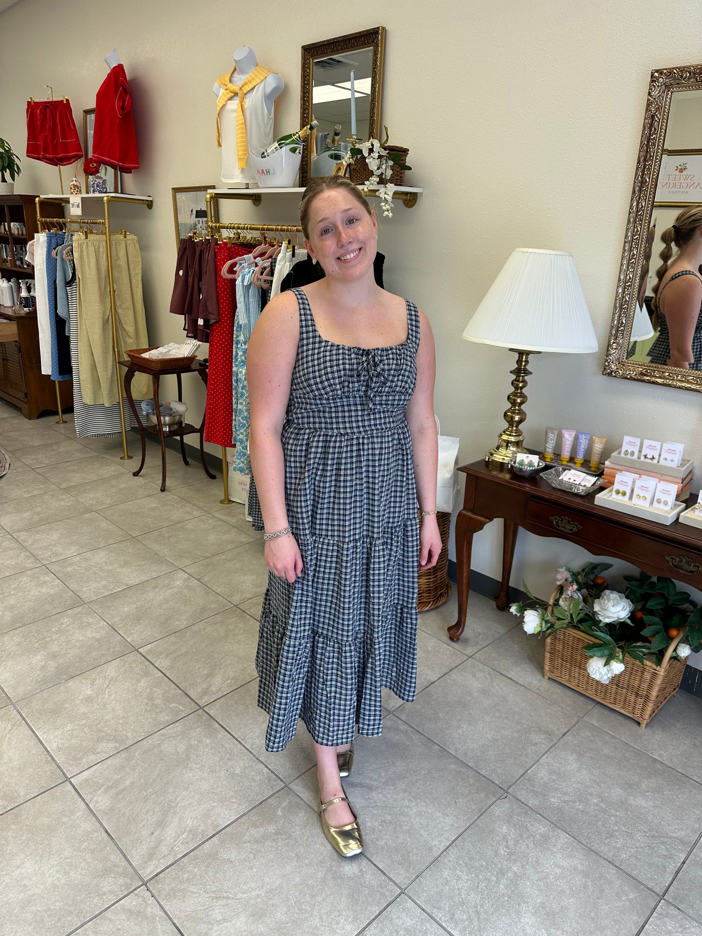 Plaid Front Tie Midi Dress