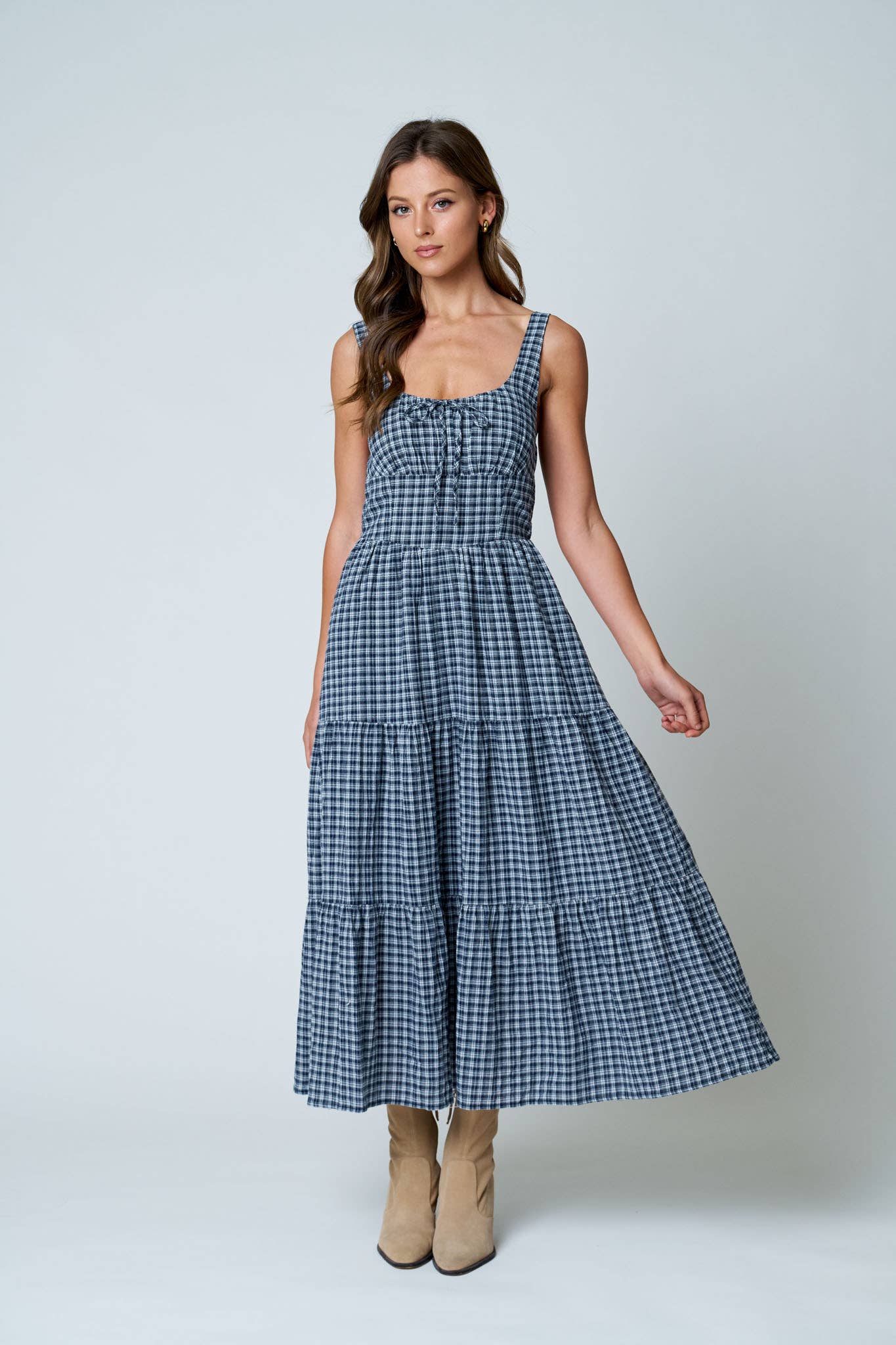 Plaid Front Tie Midi Dress