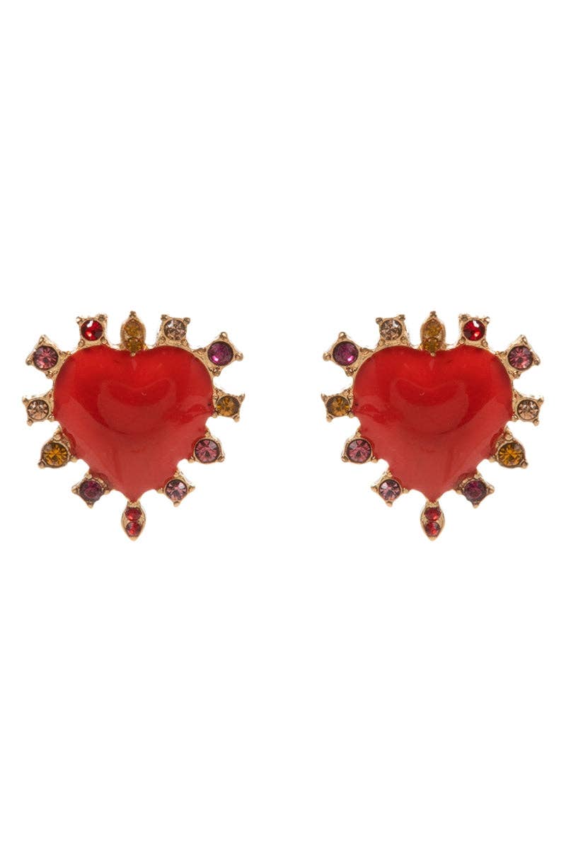 Red heart-shaped earrings with gold and gemstone details on a white background