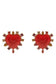 Red heart-shaped earrings with gold and gemstone details on a white background