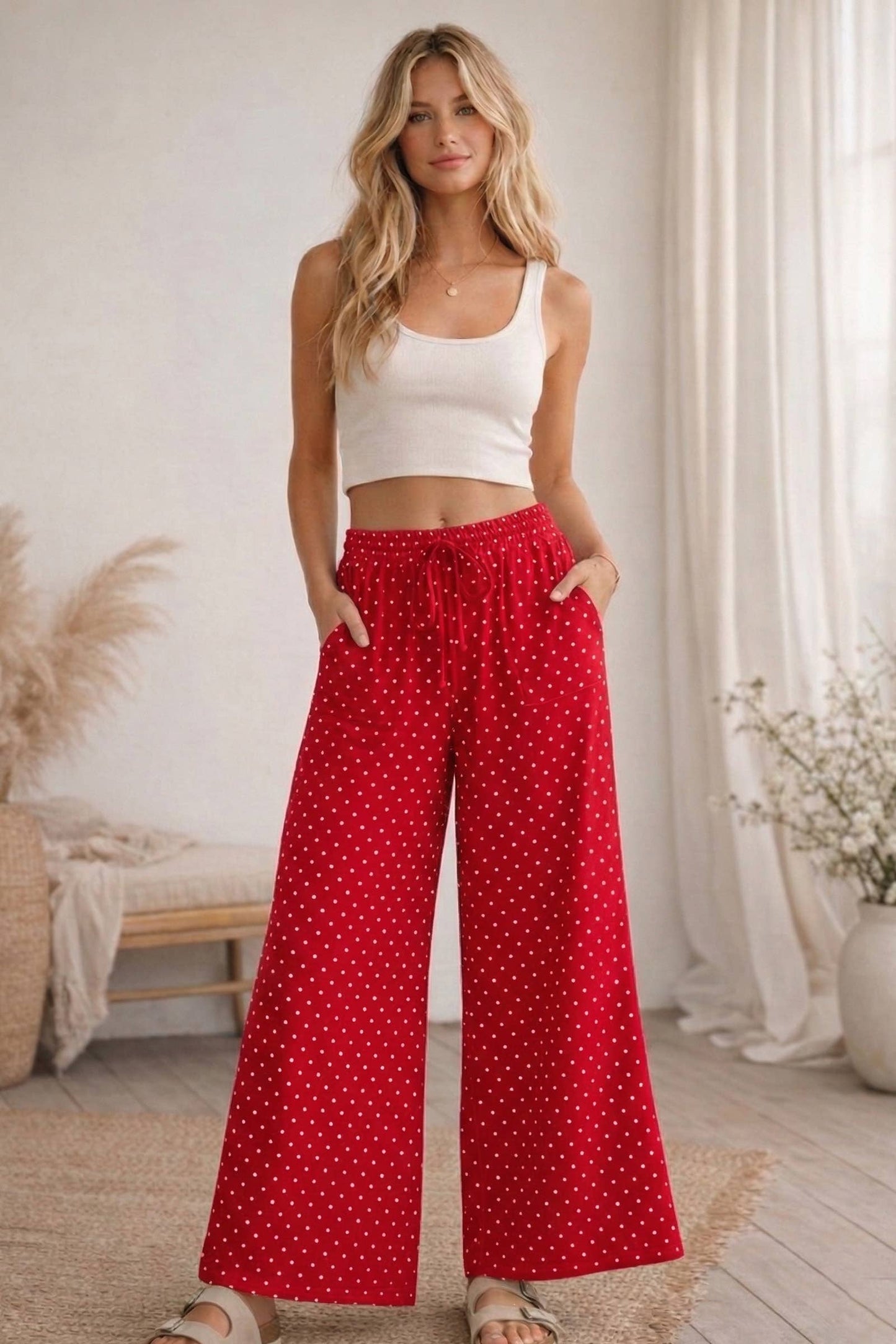 Red Relaxed Polka Dot Wide Leg Pants