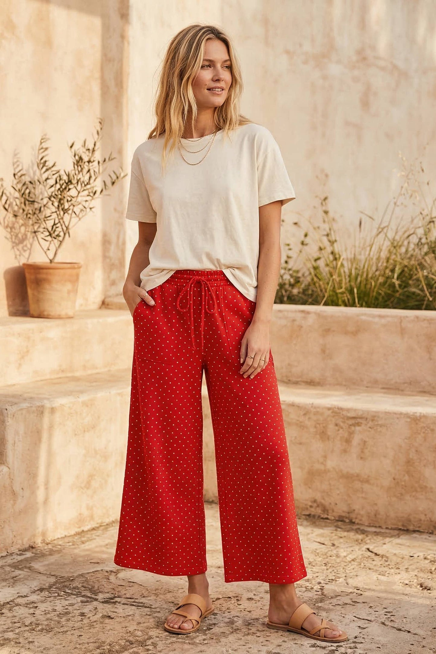 Red Relaxed Polka Dot Wide Leg Pants