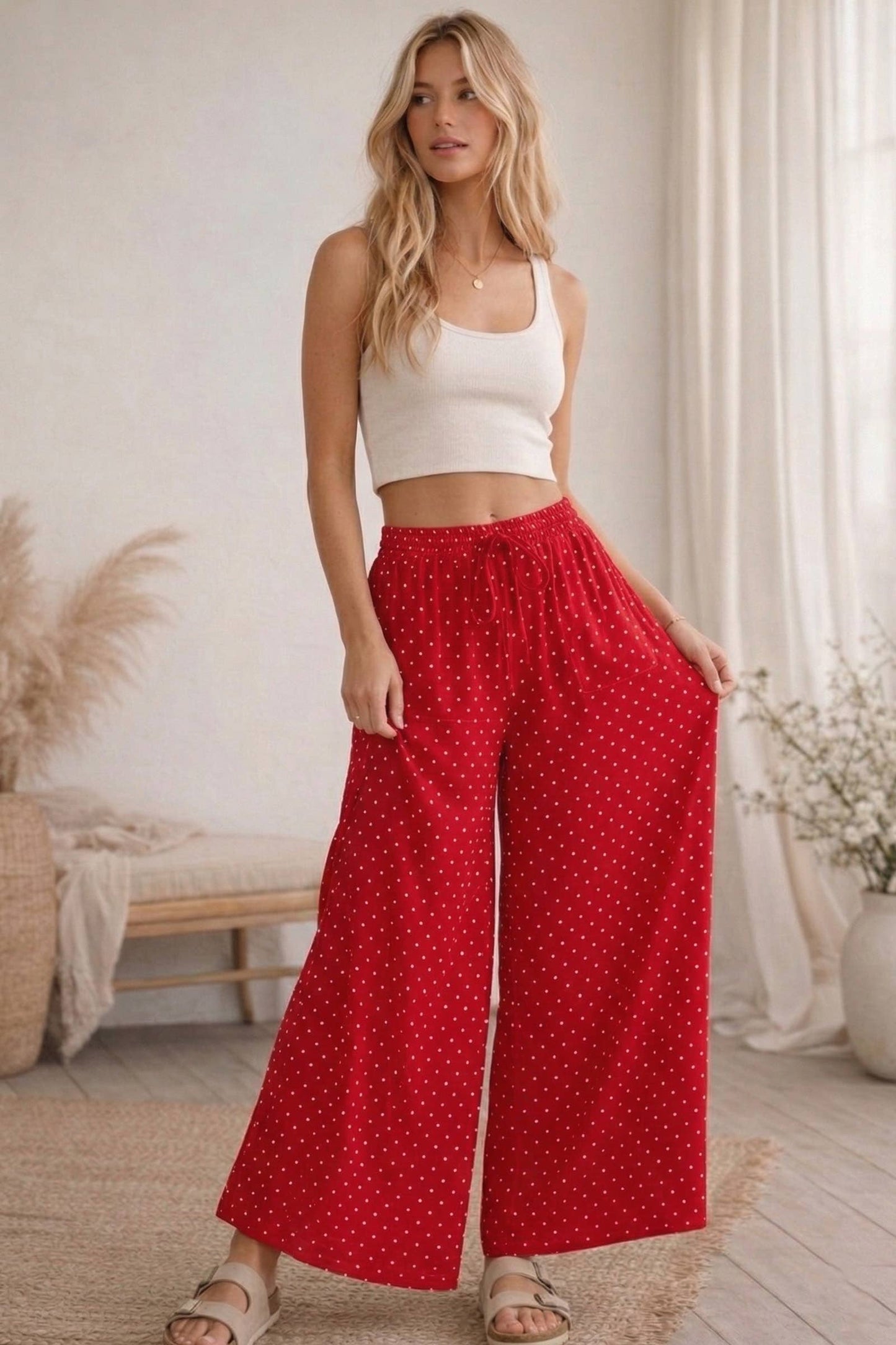 Red Relaxed Polka Dot Wide Leg Pants