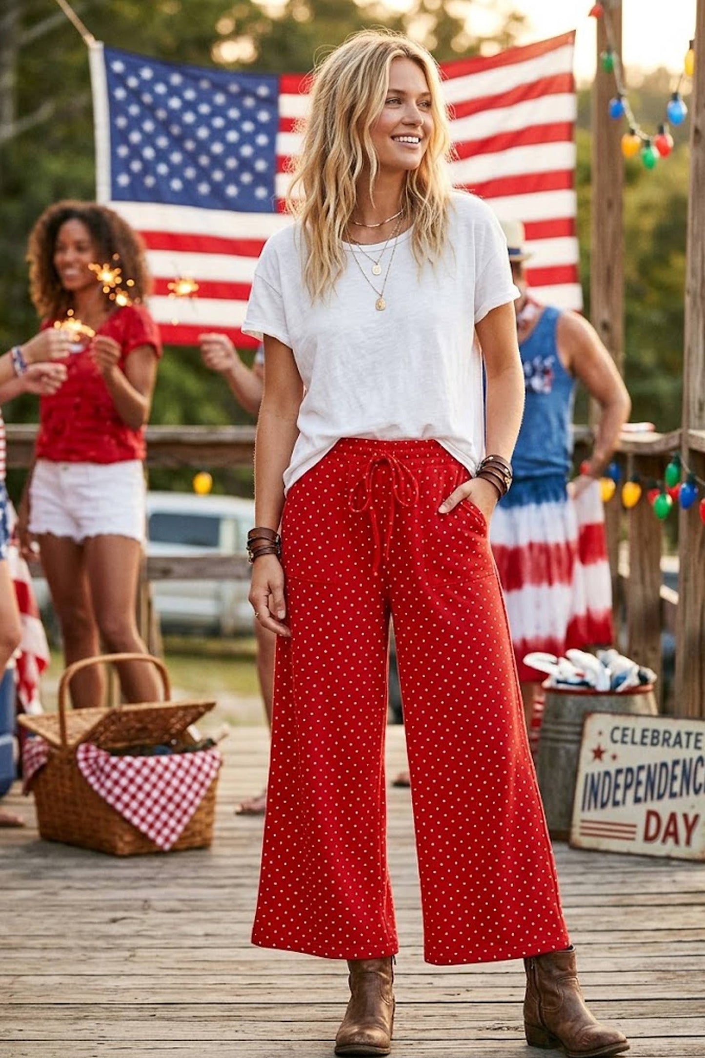 Red Relaxed Polka Dot Wide Leg Pants