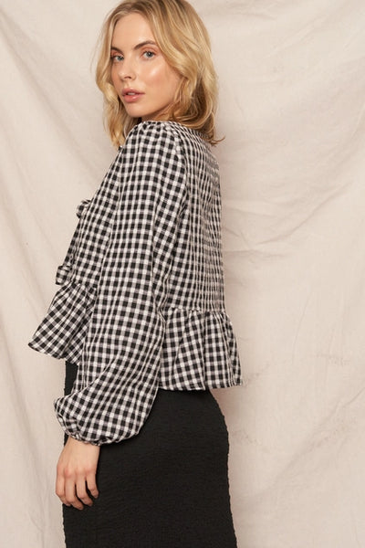 Long Sleeve Gingham Ribbon Top