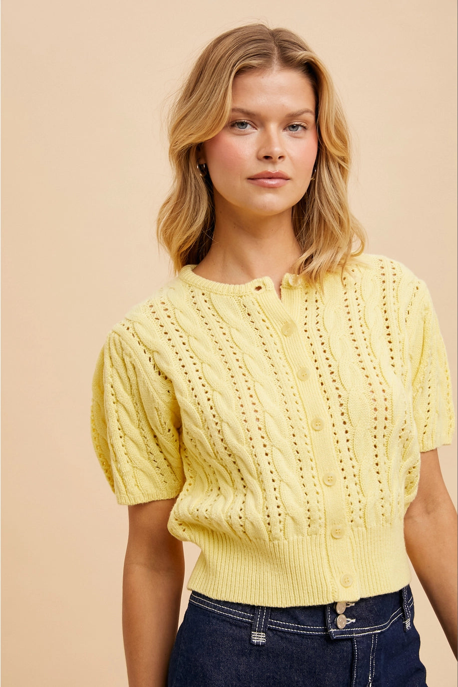 Cable Knit Puff Sleeve Cardigan