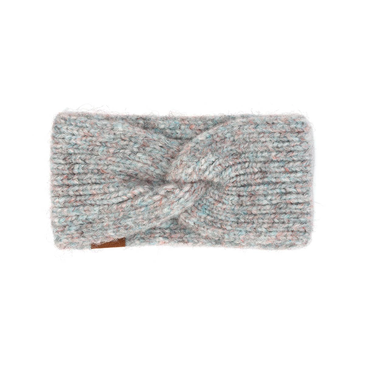 Knitted headband with a twisted design on a white background