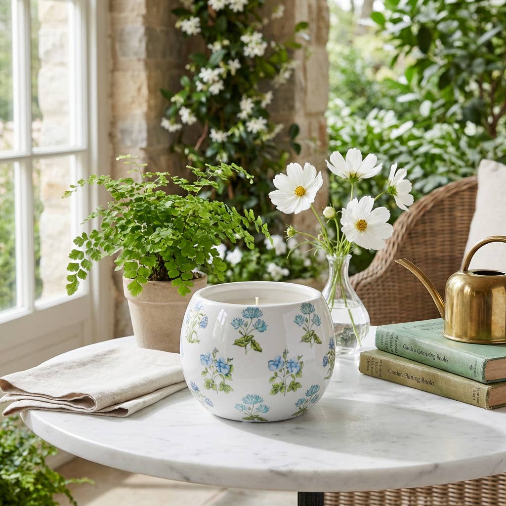 Ceramic Blue Floral Candle – Garden Terrace