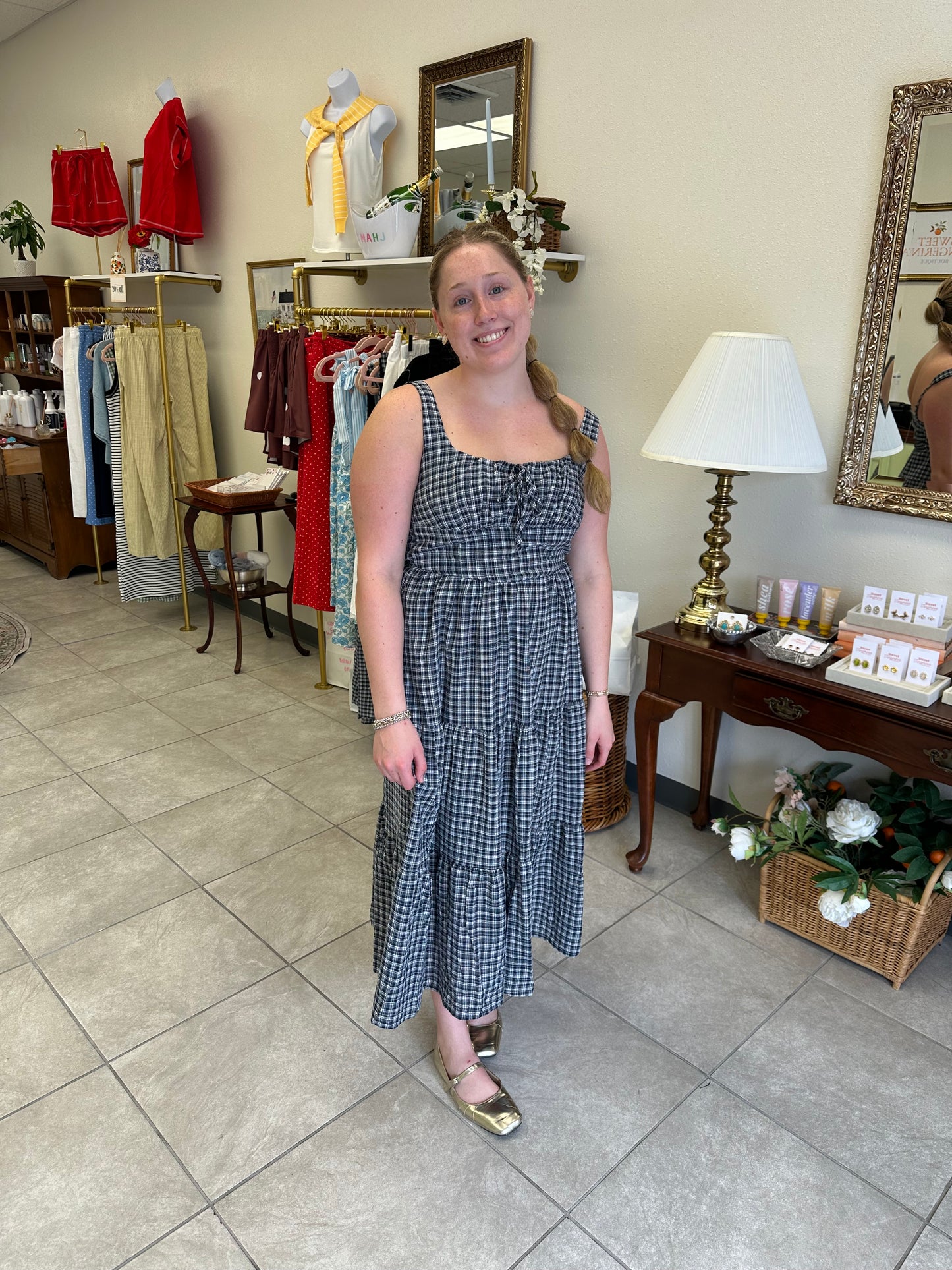 Plaid Front Tie Midi Dress