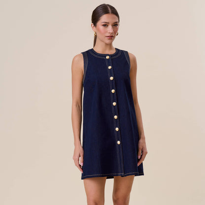 Button stretch denim mini dress