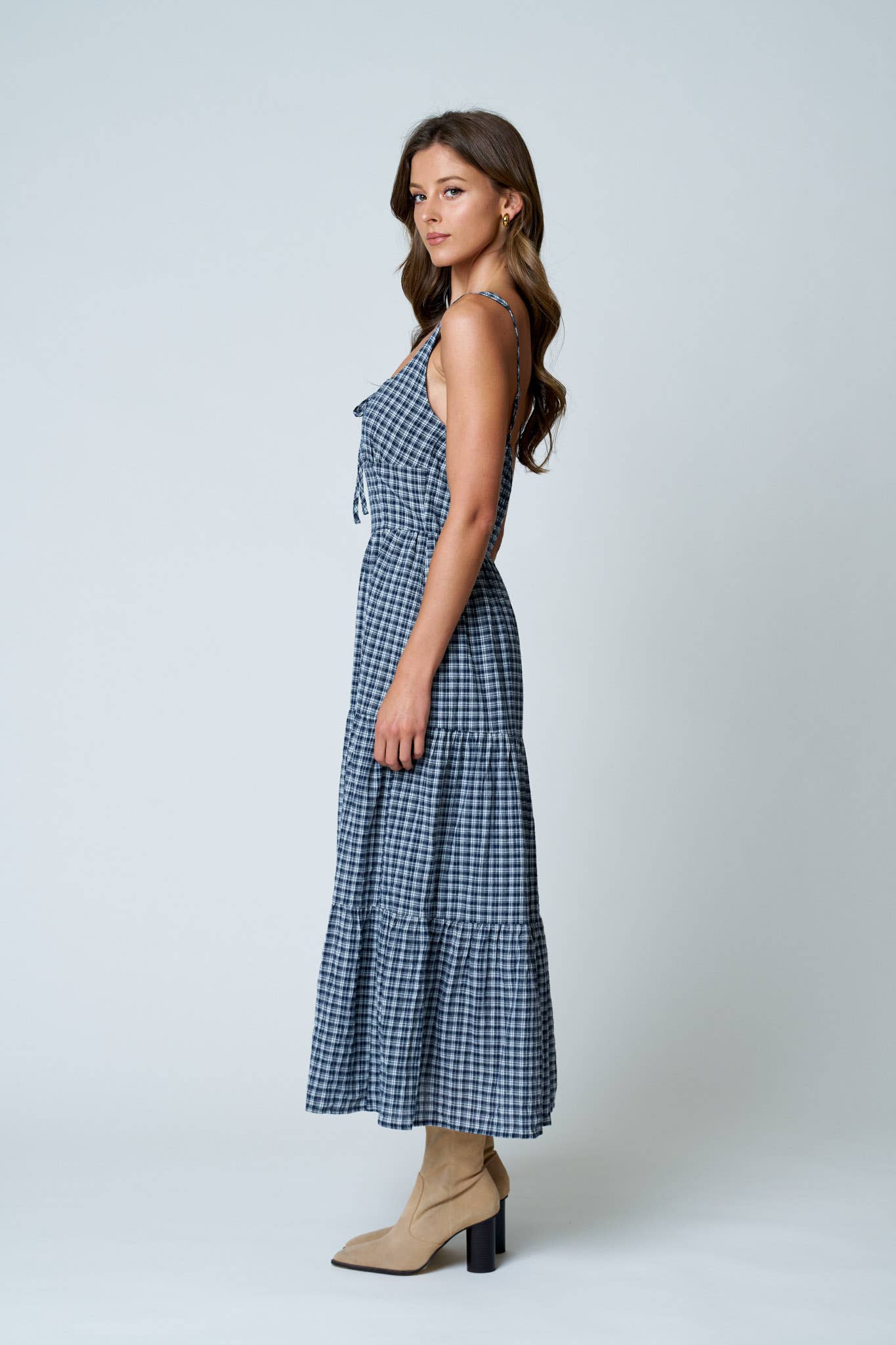 Plaid Front Tie Midi Dress