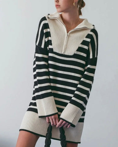 Striped Collared Knit Sweater Dress