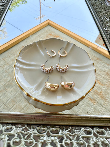 Trio Pearl Diamond Cut Huggie Hoops
