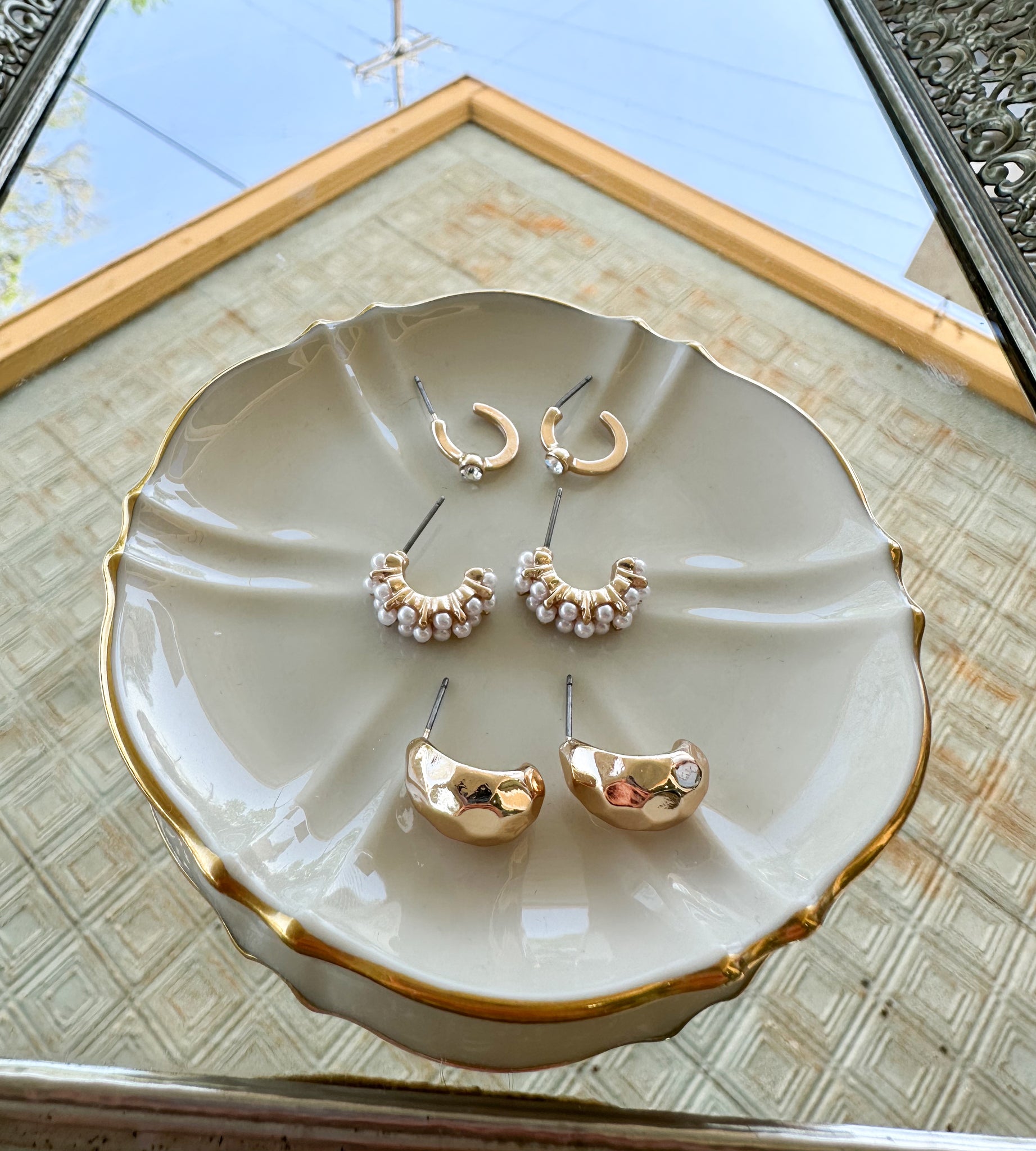 Trio Pearl Diamond Cut Huggie Hoops