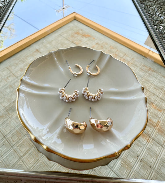Trio Pearl Diamond Cut Huggie Hoops