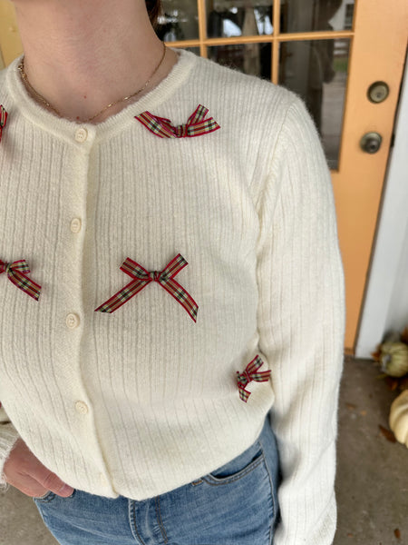 Plaid Bow Knit Cardigan