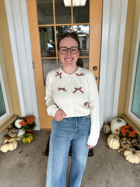 Plaid Bow Knit Cardigan