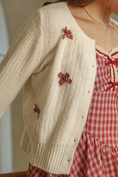 Plaid Bow Knit Cardigan