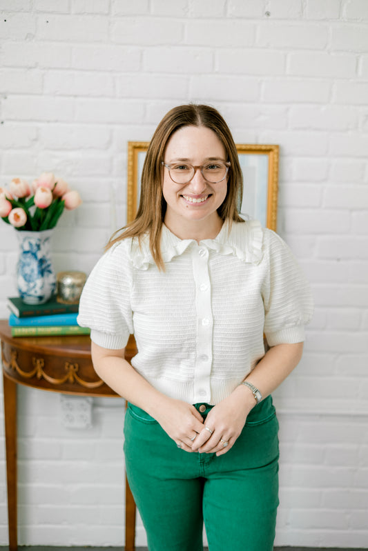white ruffle cardigan/top