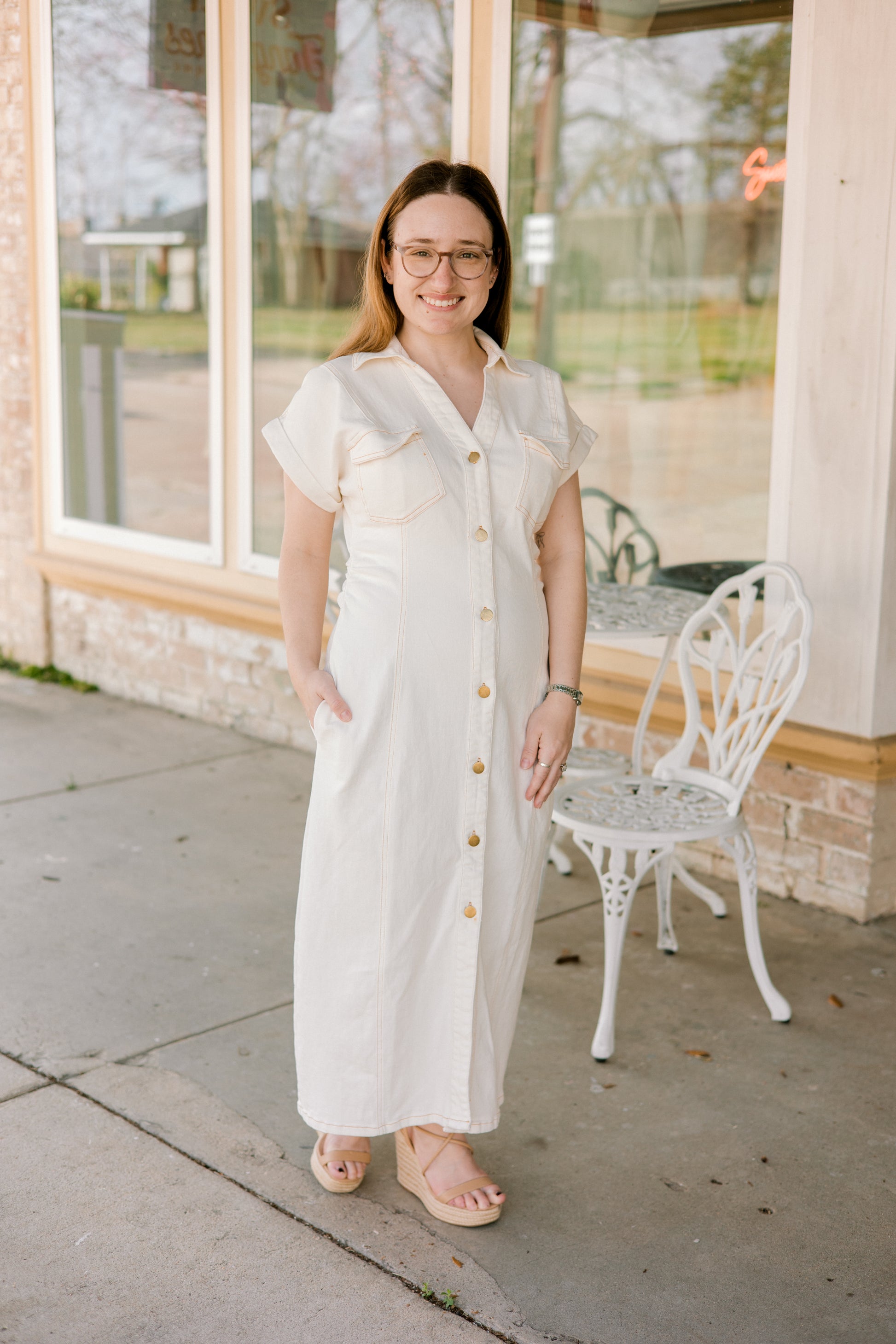 white denim dress with buttons and pockets
