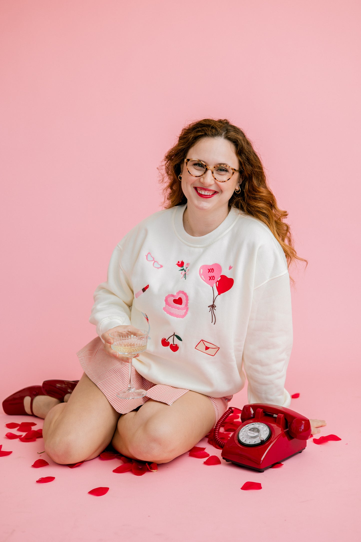 Valentine fleece sweatshirt styled with skort