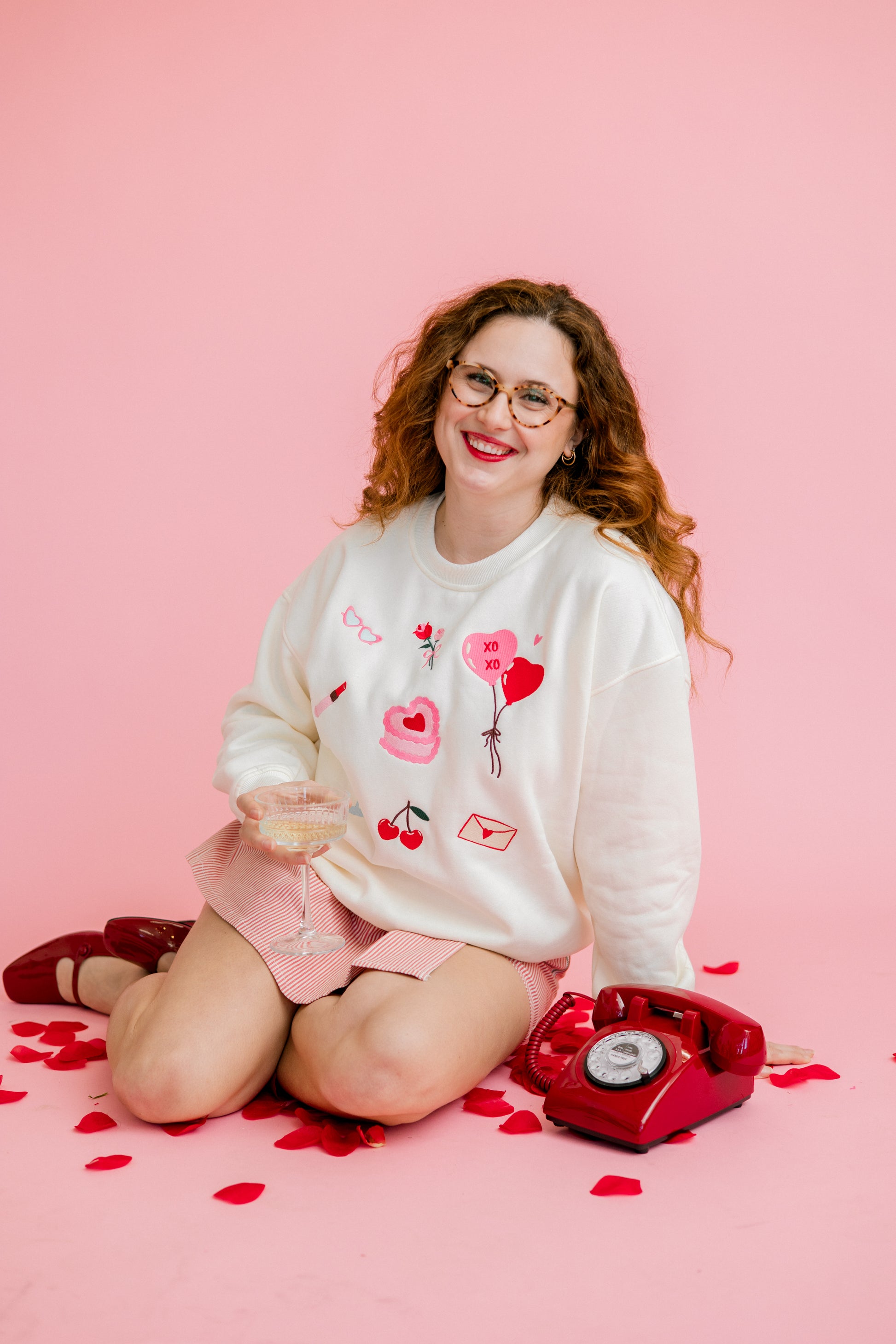 Valentine graphic fleece sweatshirt front view on model