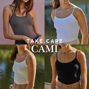 Collage of a woman wearing different tank tops with 'Take Care Cami' text overlay.