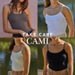 Collage of a woman wearing different tank tops with 'Take Care Cami' text overlay.