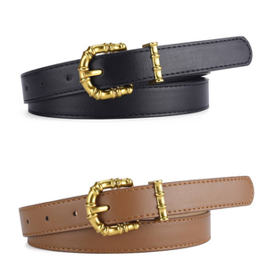 Two belts with gold buckles, one black and one brown, on a white background.