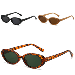 Three pairs of sunglasses with different designs and colors on a white background