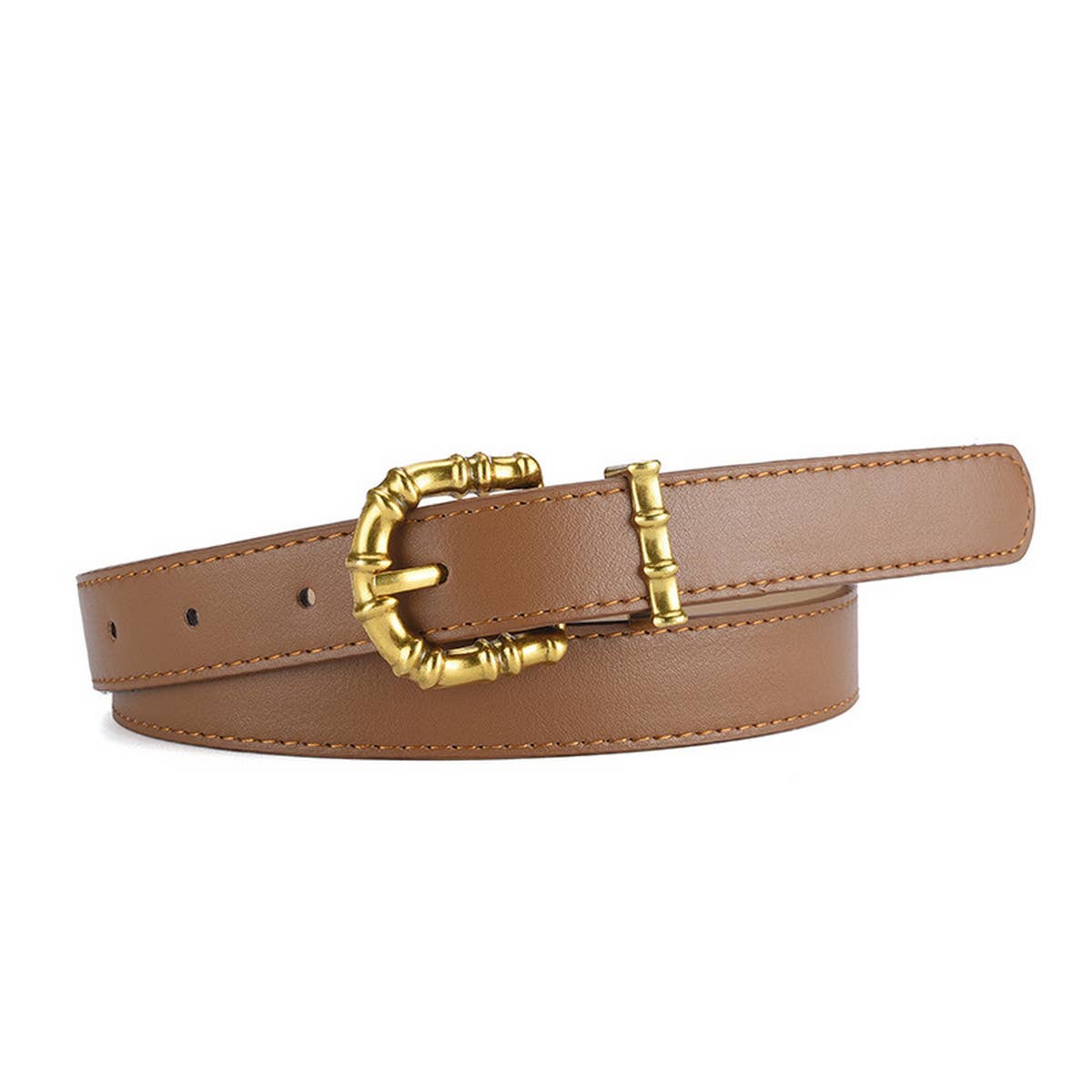 Brown leather belt with a gold buckle on a white background