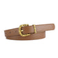 Brown leather belt with a gold buckle on a white background