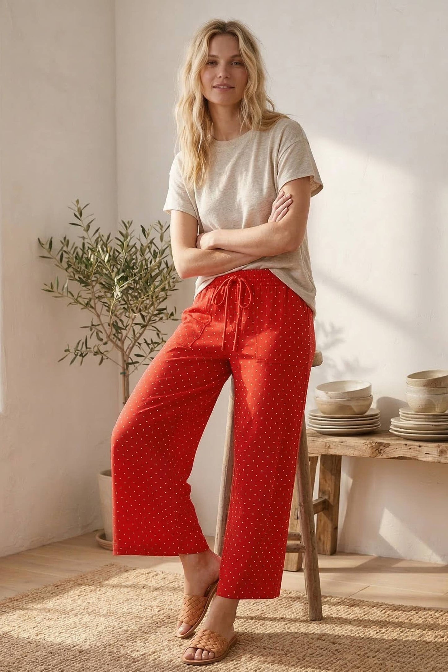 Red Relaxed Polka Dot Wide Leg Pants