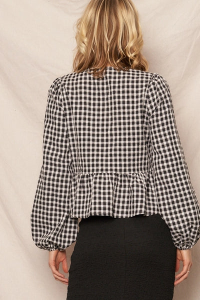 Long Sleeve Gingham Ribbon Top