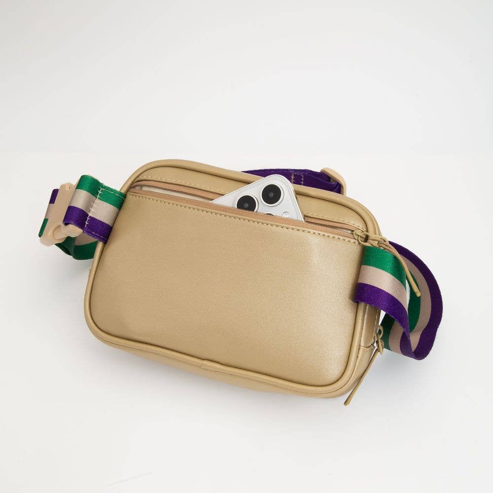 Beige crossbody bag with a colorful strap on a white background