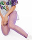 Person wearing purple fishnet tights with a colorful top on a white background