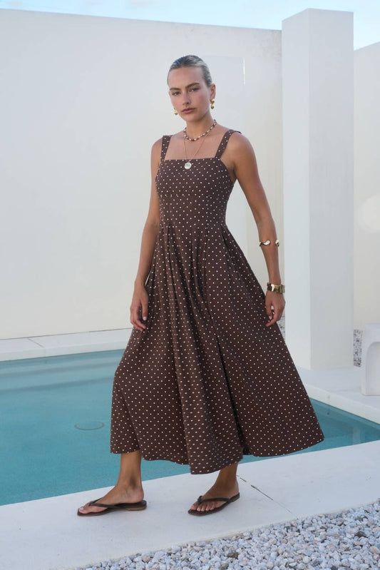 Brown Polka Dot Square Neck Midi Dress