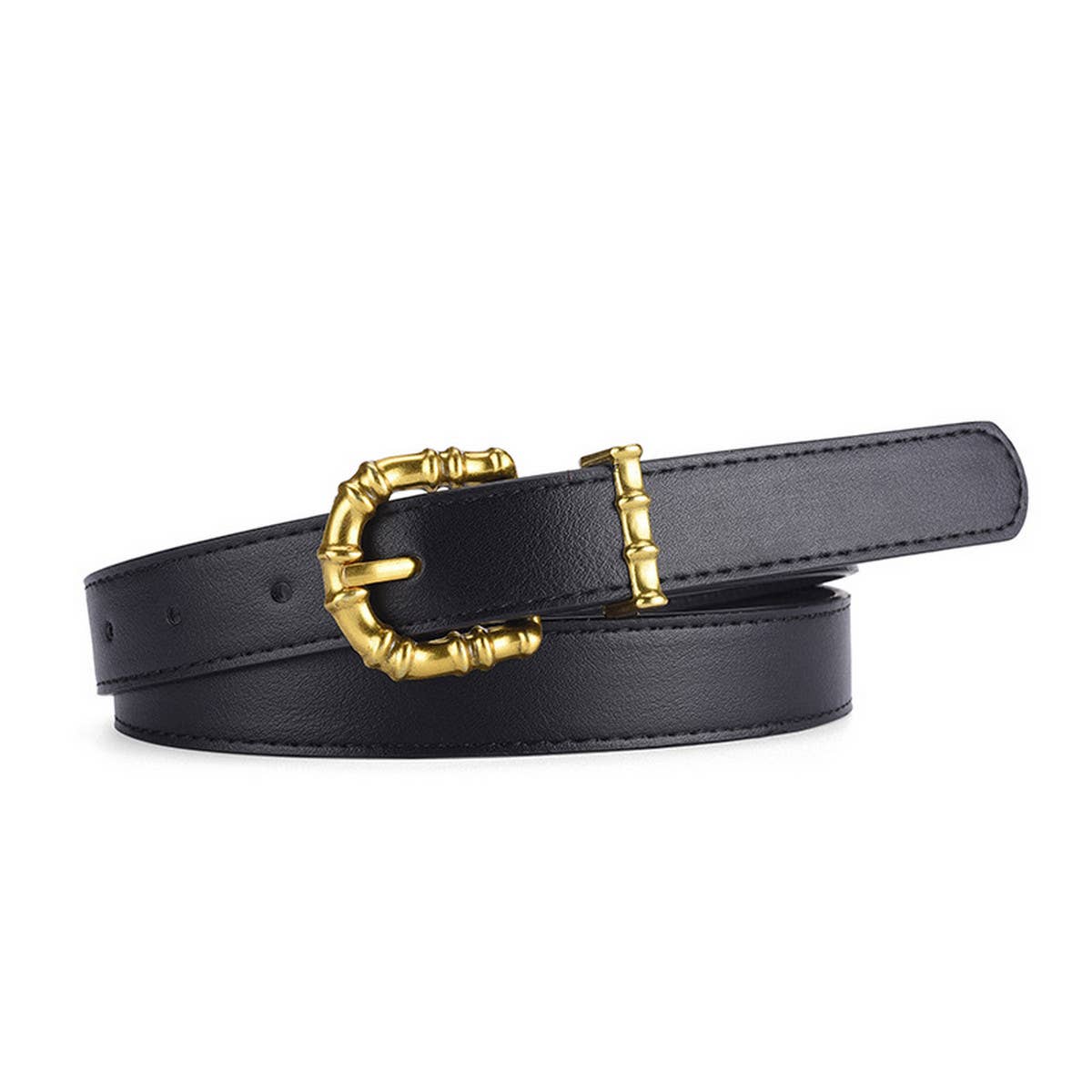 Black leather belt with a gold buckle on a white background