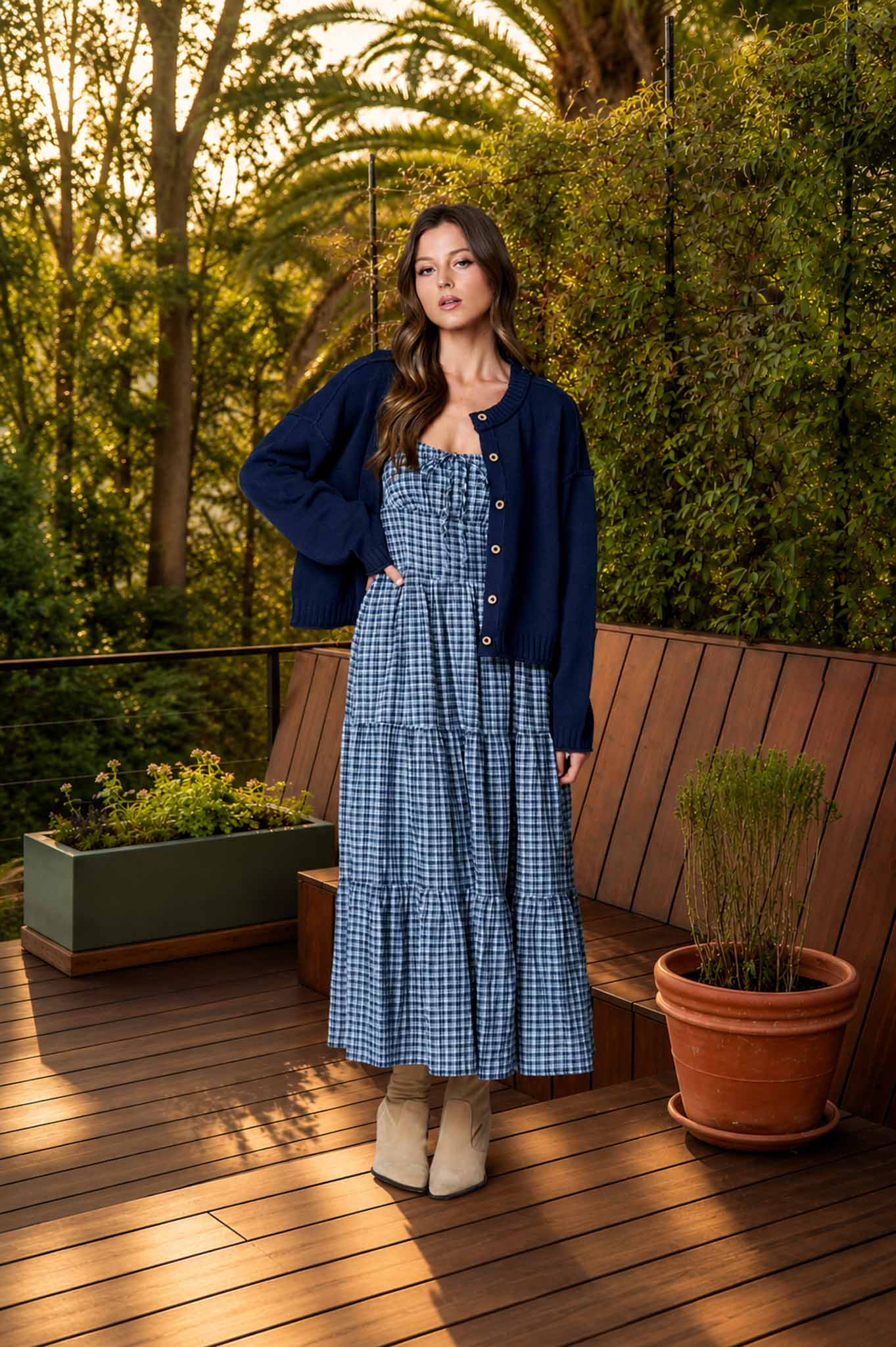 Plaid Front Tie Midi Dress
