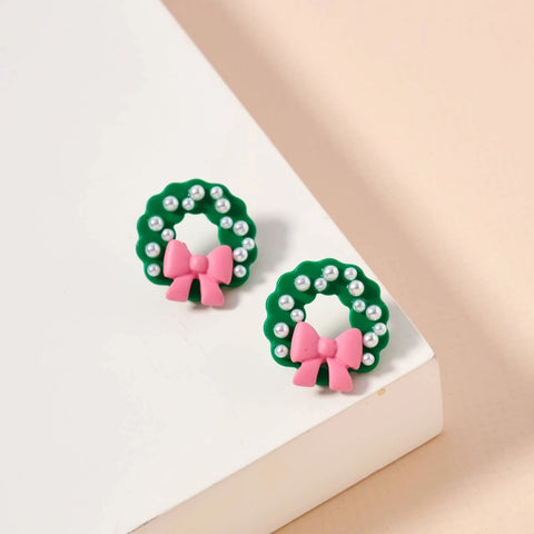 Pink Bow Wreath Earrings